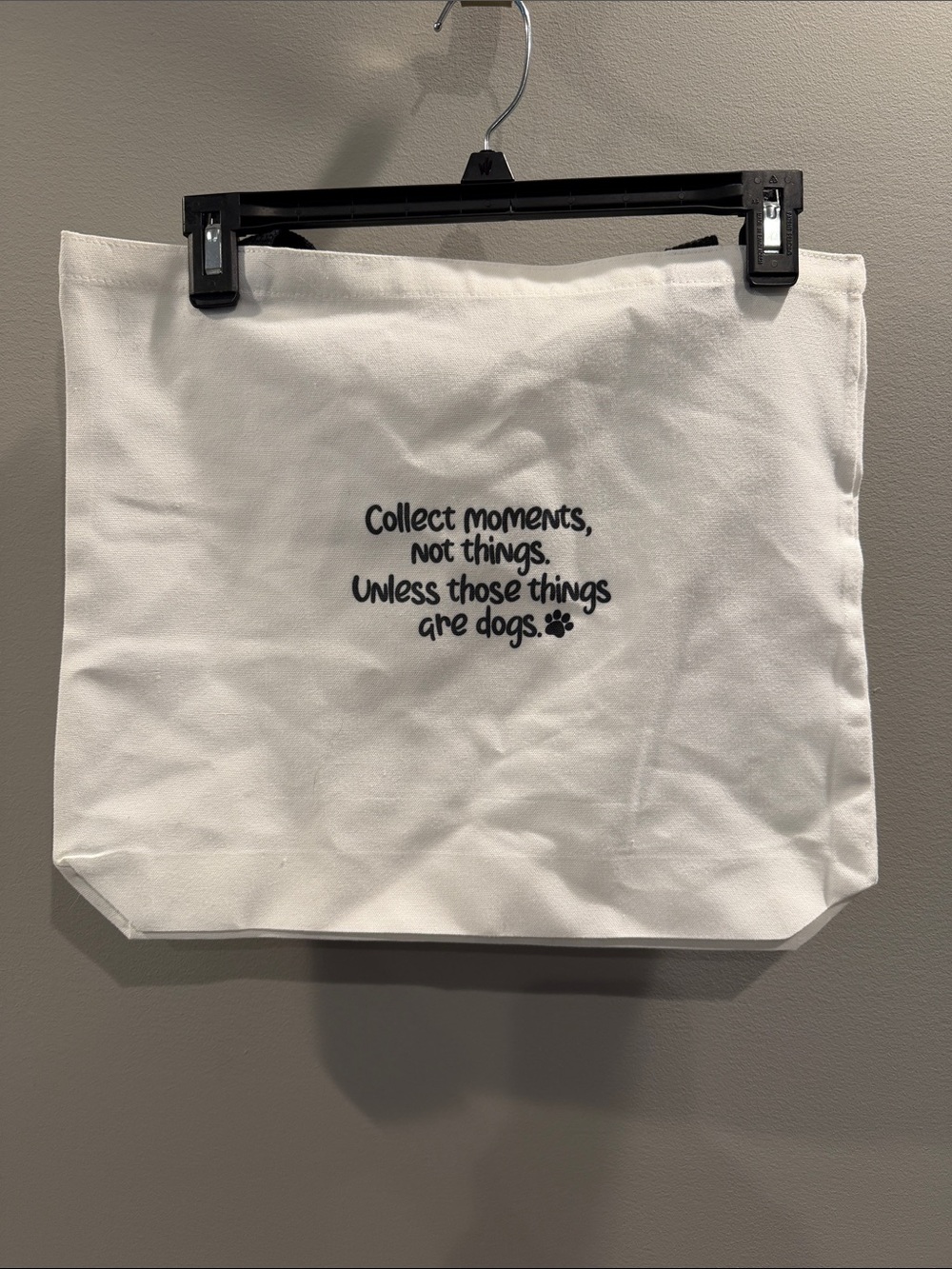 Blank Brand White Canvas Tote Bag with 'Collect Moments' Dog Quote